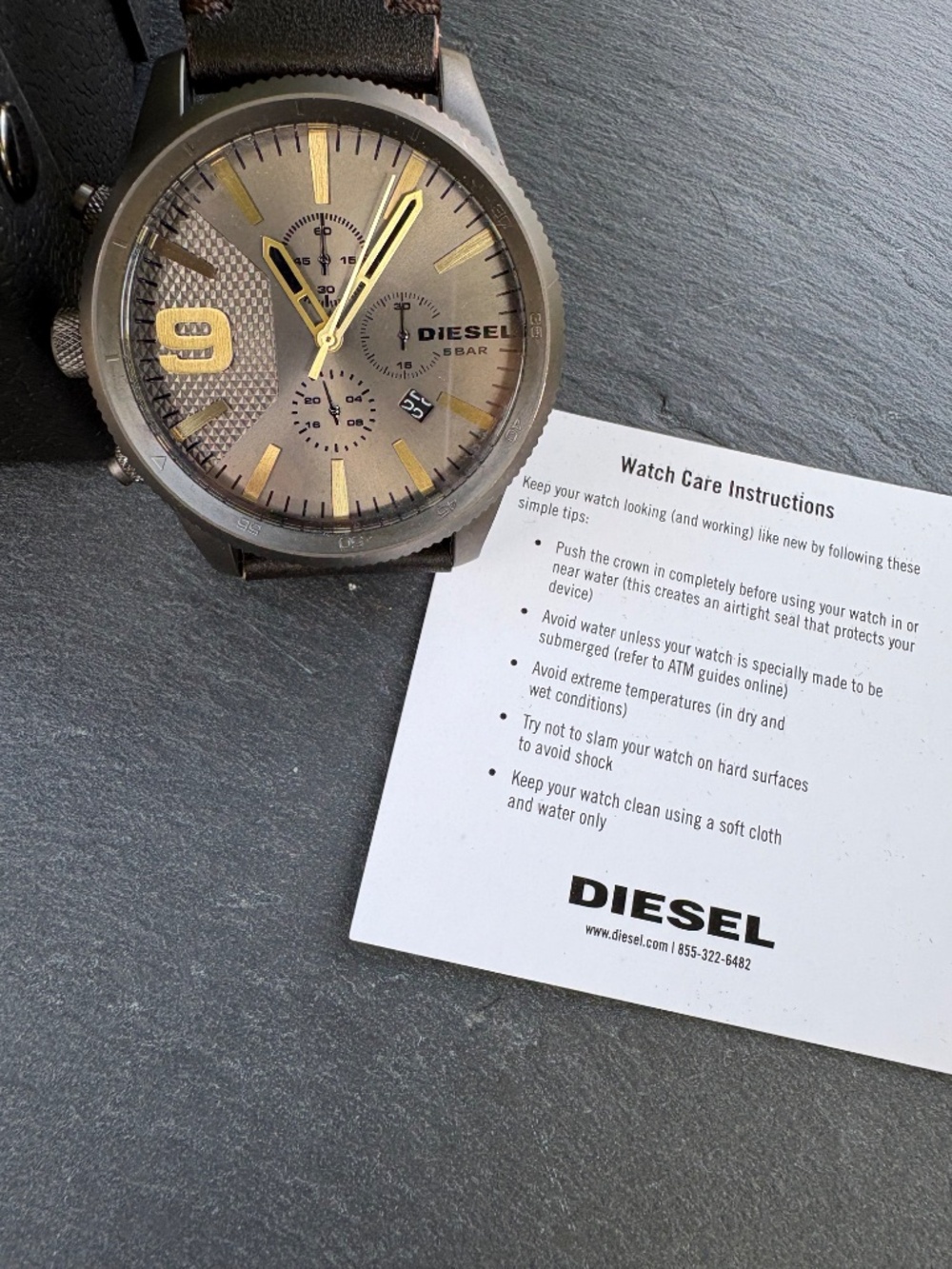 Diesel NWT Men's Griffed DZ4569 Gunmetal Chronograph Brown Leather Watch Boxed - Picture 8 of 12